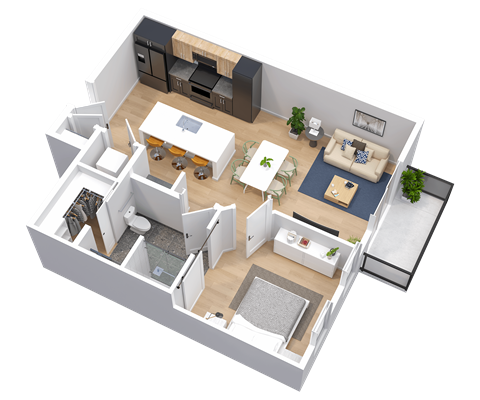Floor plan for 1 bed, 1 bath, 743 sqft